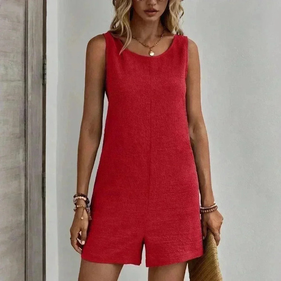 Red Boho Womens Solid Color Sleeveless Jumpsuit - Picture 4 of 5